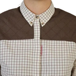 CHEMISE CHASSE MANCHES LONGUES COTON FEMME RESPIRANTE À CARREAUX BEIGE 500. -Magasin Woolpower chemise chasse manches longues coton femme respirante a carreaux beige 500 5